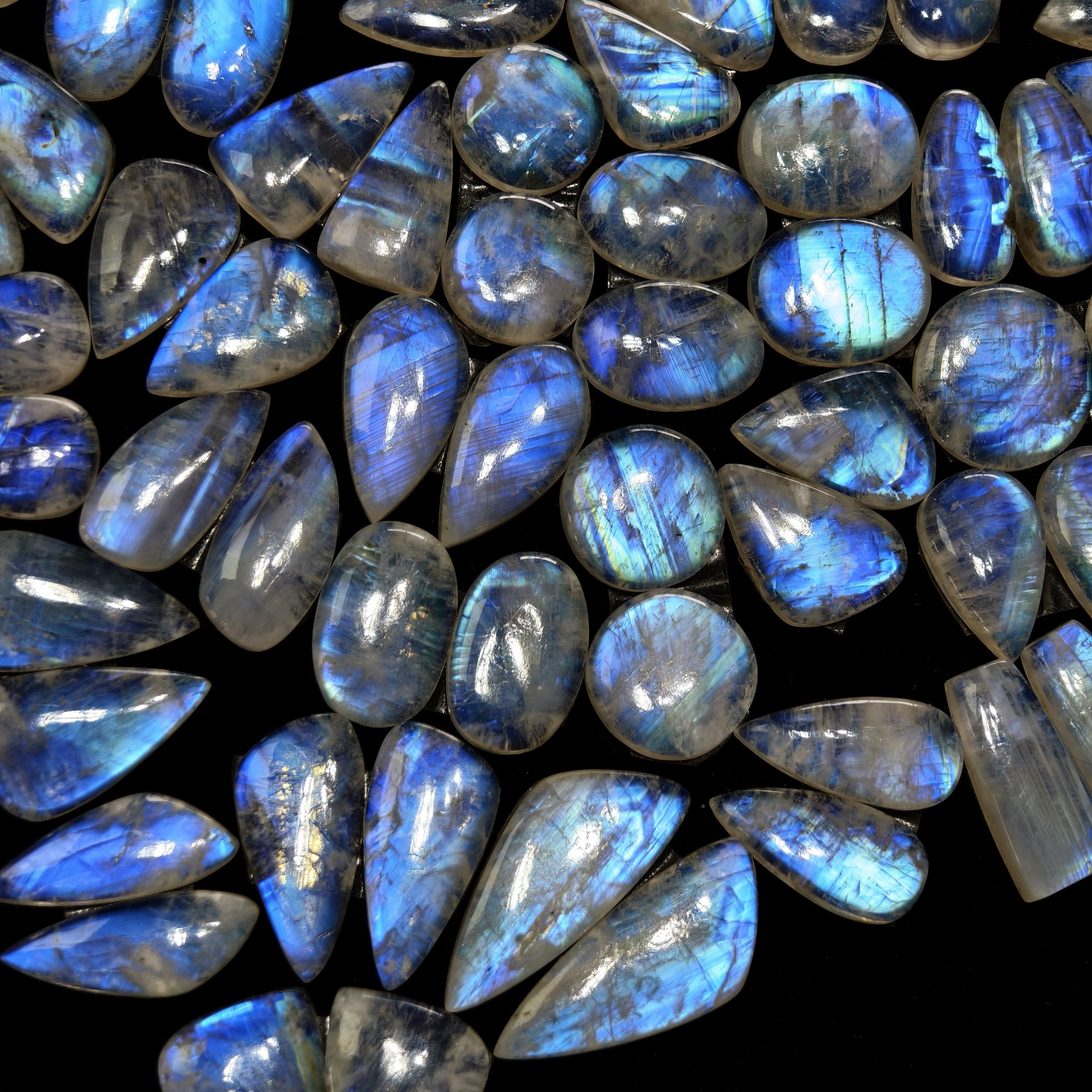 Blue Sheen Rainbow Moonstone Cabochon Matching Pair 19XX Cts 16x16x4mm 31x14x4mm