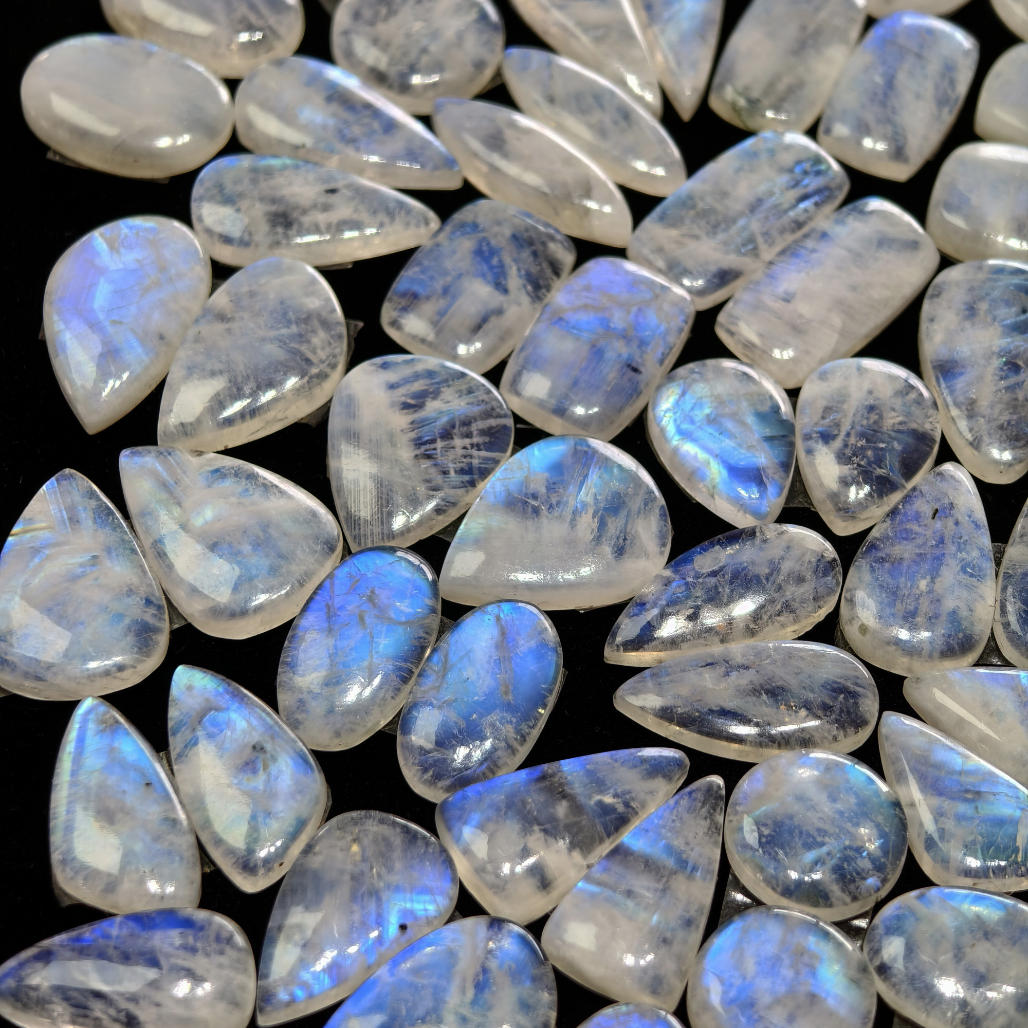 Blue Sheen Rainbow Moonstone Cabochon Matching Pair 19XX Cts 16x16x4mm 31x14x4mm