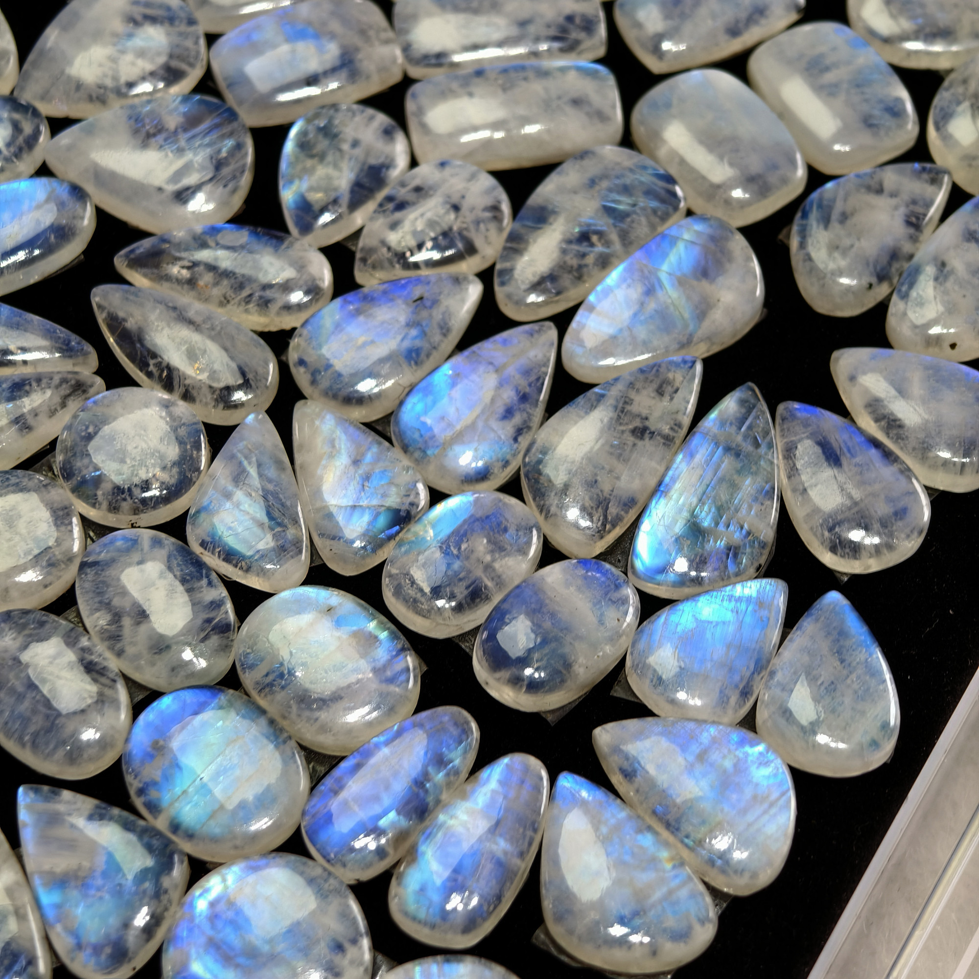 Blue Sheen Rainbow Moonstone Cabochon Matching Pair 19XX Cts 16x16x4mm 31x14x4mm