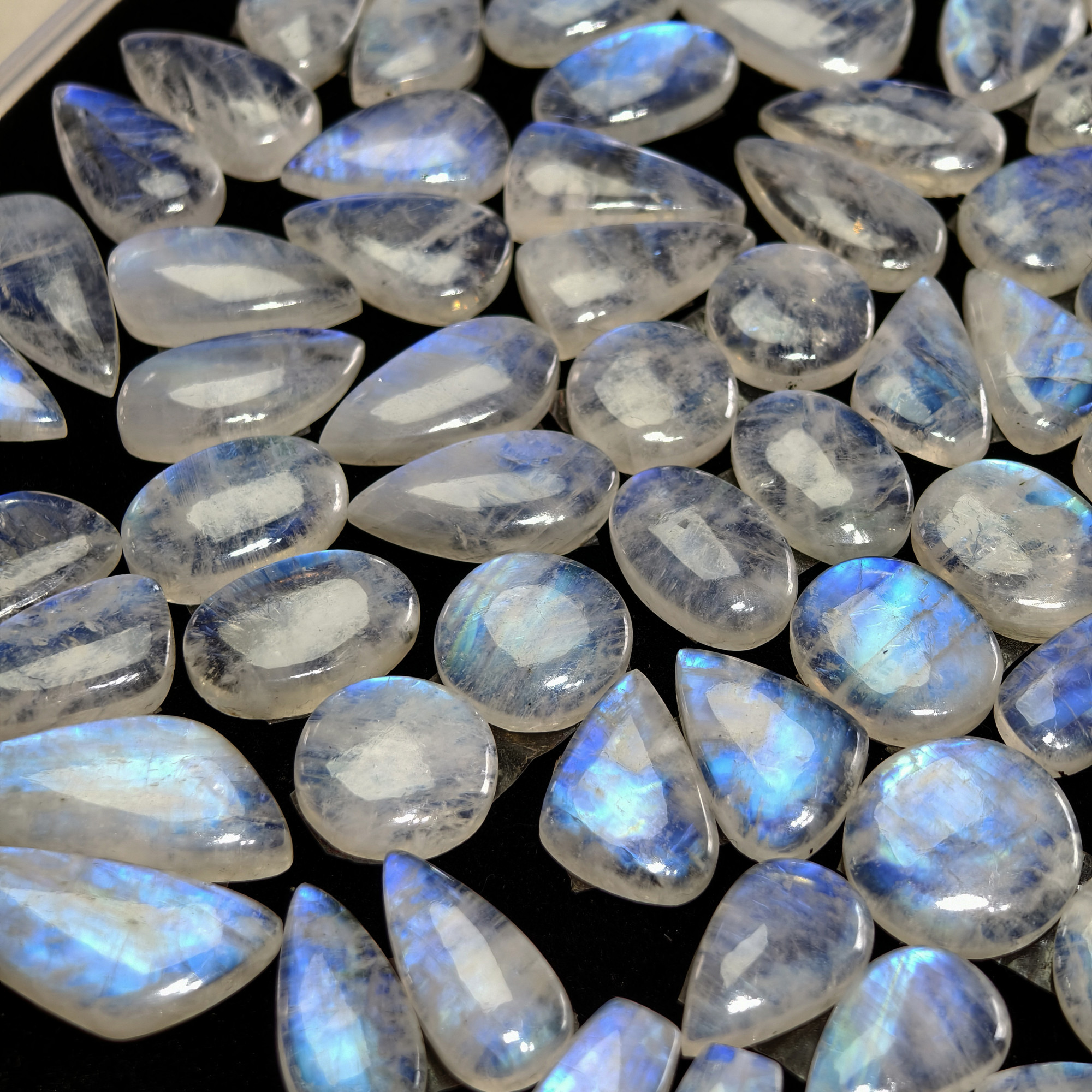 Blue Sheen Rainbow Moonstone Cabochon Matching Pair 19XX Cts 16x16x4mm 31x14x4mm