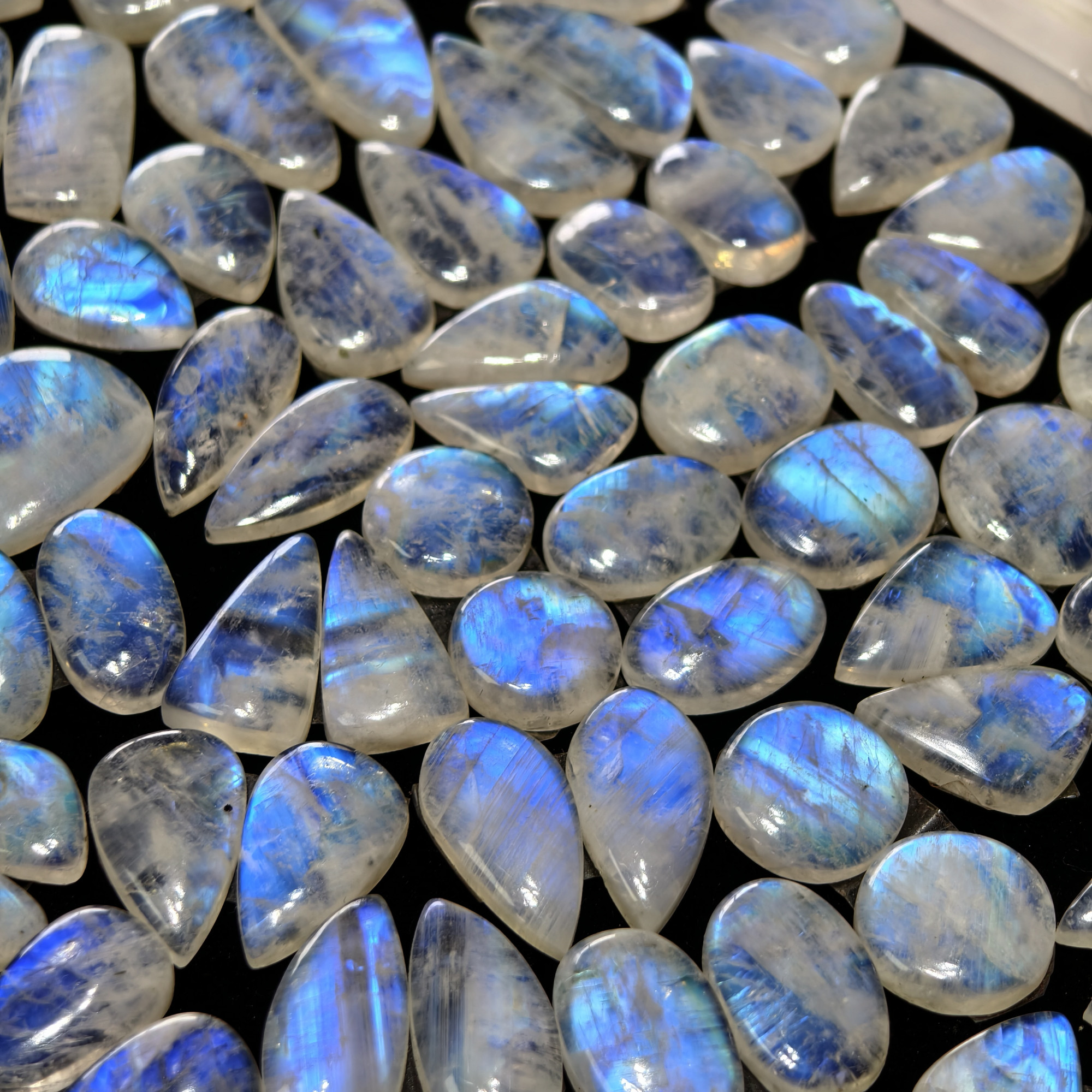 Blue Sheen Rainbow Moonstone Cabochon Matching Pair 19XX Cts 16x16x4mm 31x14x4mm