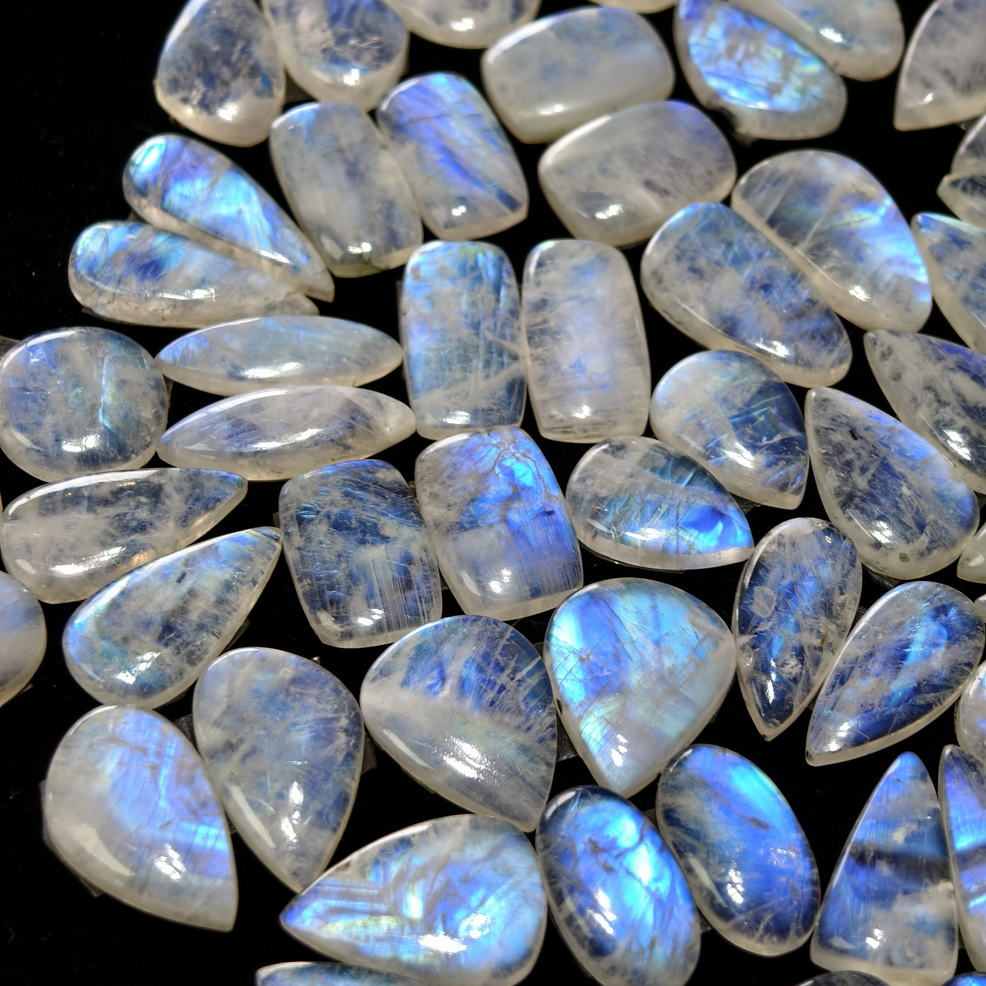 Blue Sheen Rainbow Moonstone Cabochon Matching Pair 19XX Cts 16x16x4mm 31x14x4mm