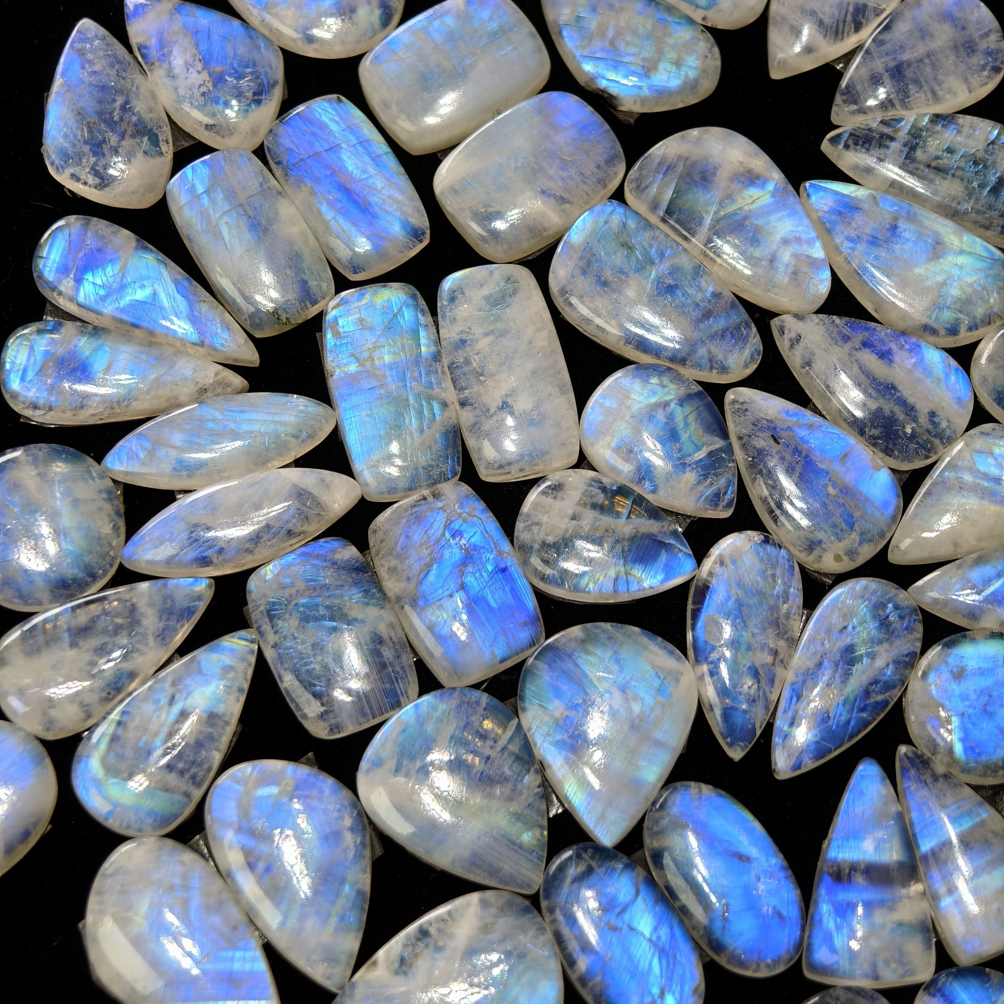 Blue Sheen Rainbow Moonstone Cabochon Matching Pair 19XX Cts 16x16x4mm 31x14x4mm