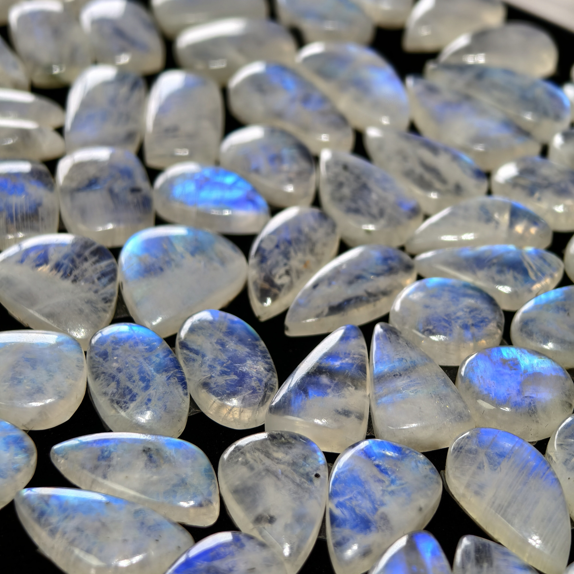 Blue Sheen Rainbow Moonstone Cabochon Matching Pair 19XX Cts 16x16x4mm 31x14x4mm