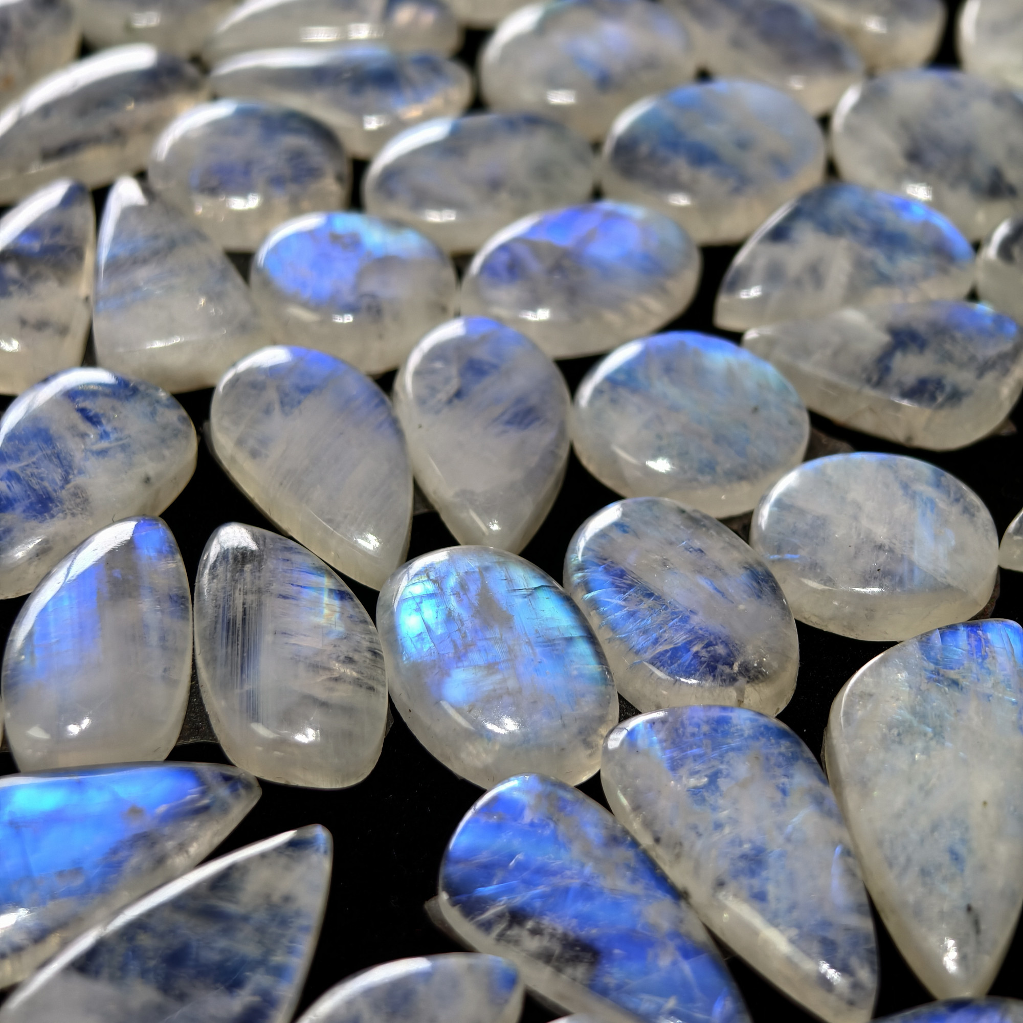 Blue Sheen Rainbow Moonstone Cabochon Matching Pair 19XX Cts 16x16x4mm 31x14x4mm