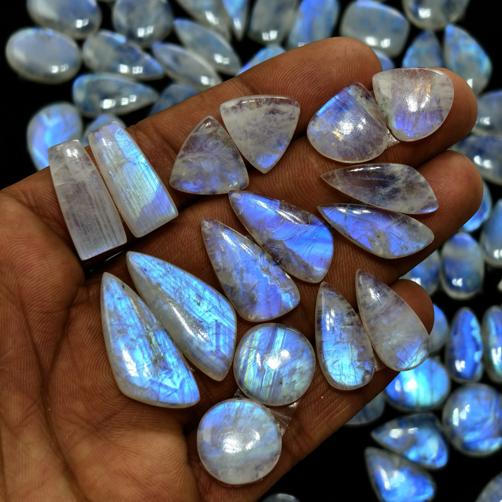 Image of Blue Sheen Rainbow Moonstone Cabochon Matching Pair, 19XX Cts, 16x16x4mm 31x14x4mm