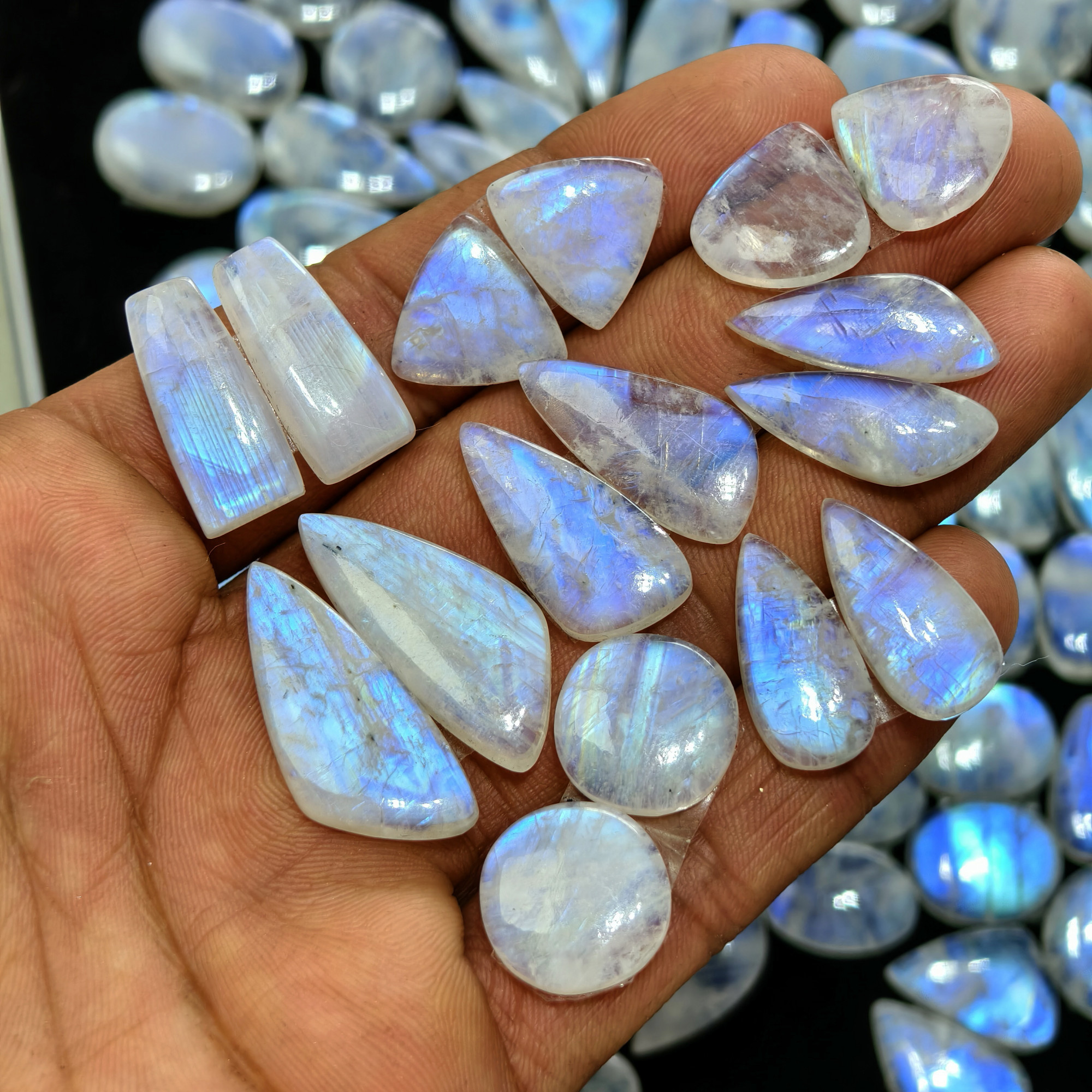 Blue Sheen Rainbow Moonstone Cabochon Matching Pair 19XX Cts 16x16x4mm 31x14x4mm