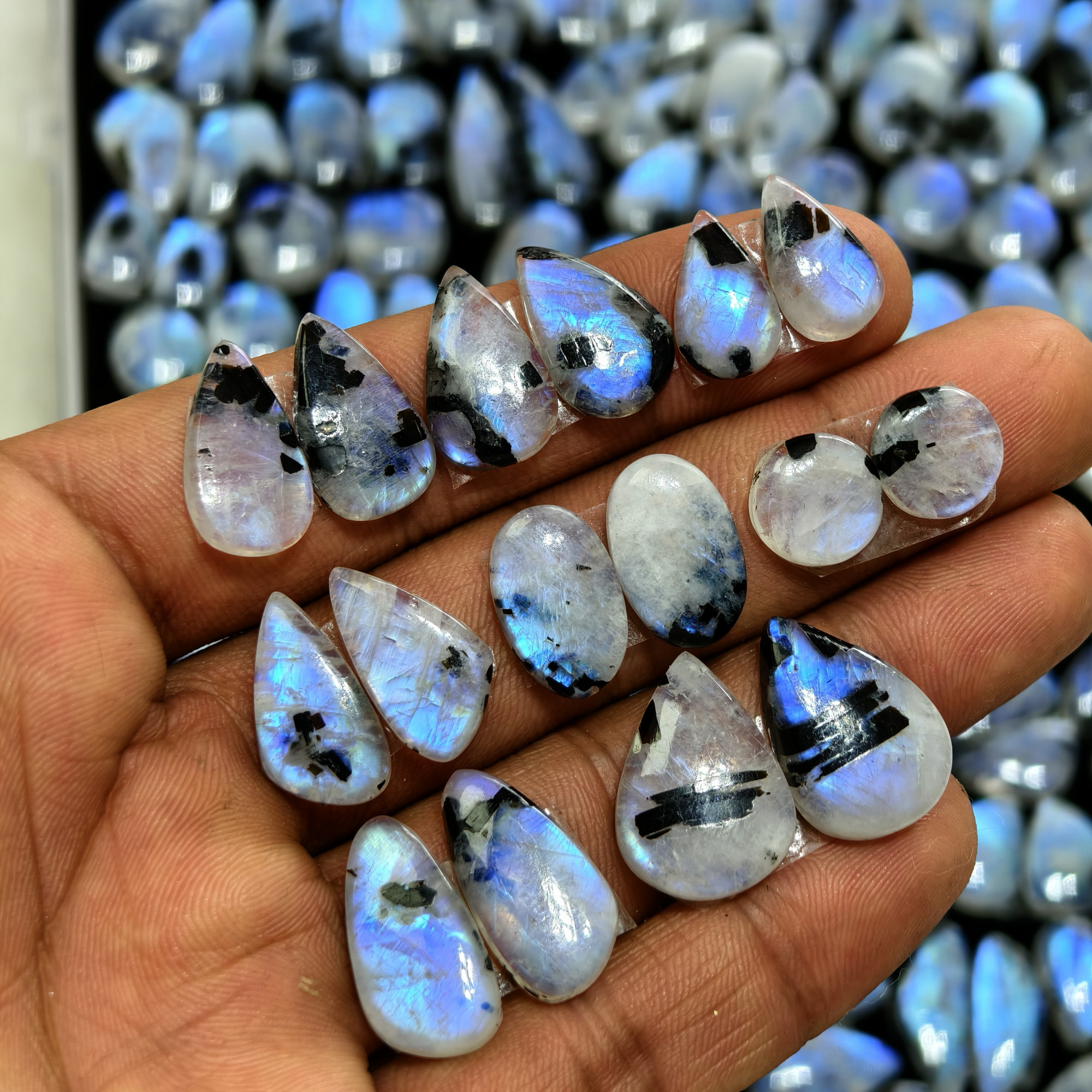 Natural Rainbow Moonstone Blue Flash Cabochon Matching Pair 10 Cts 16x10x3mm 20x12x3