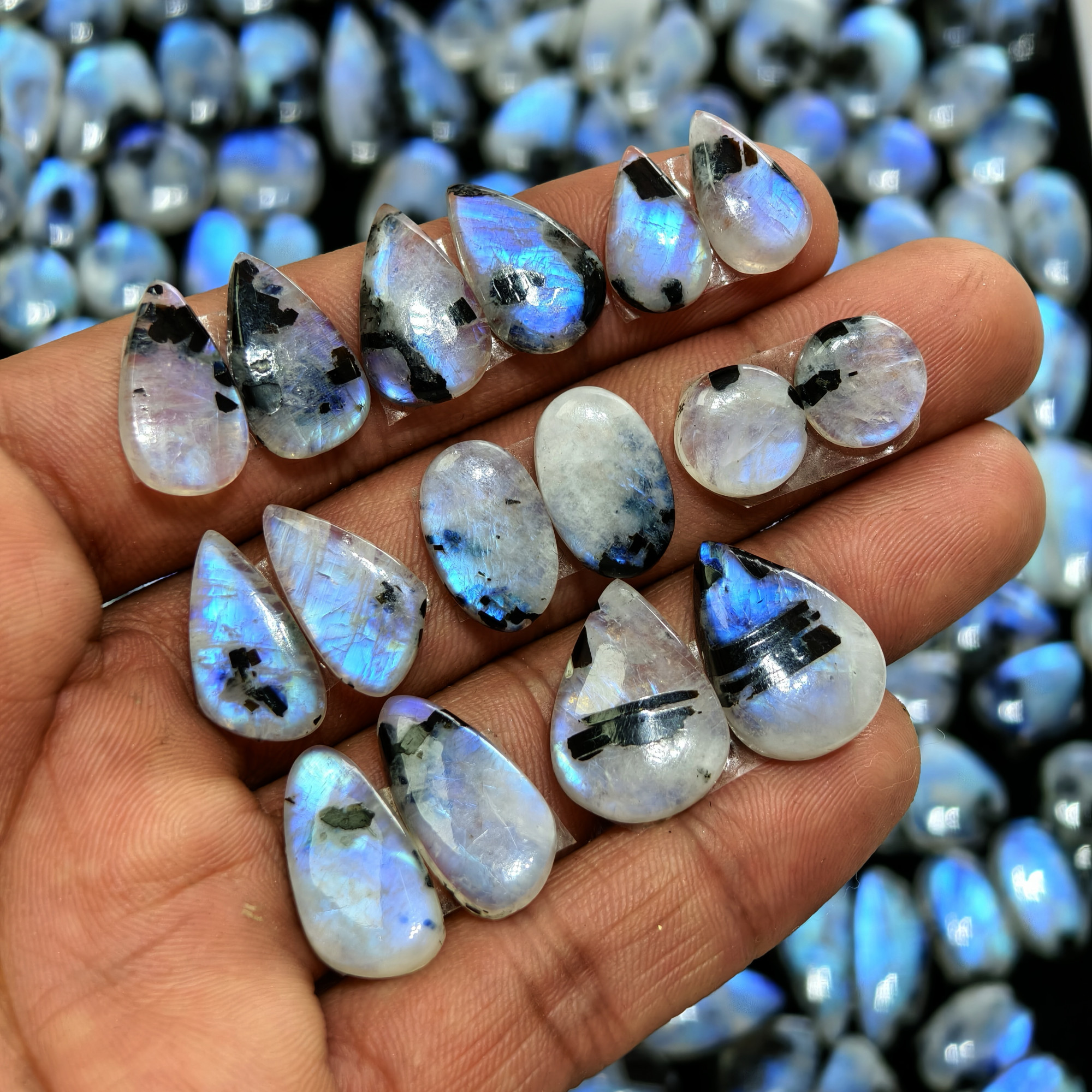 Natural Rainbow Moonstone Blue Flash Cabochon Matching Pair 10 Cts 16x10x3mm 20x12x3