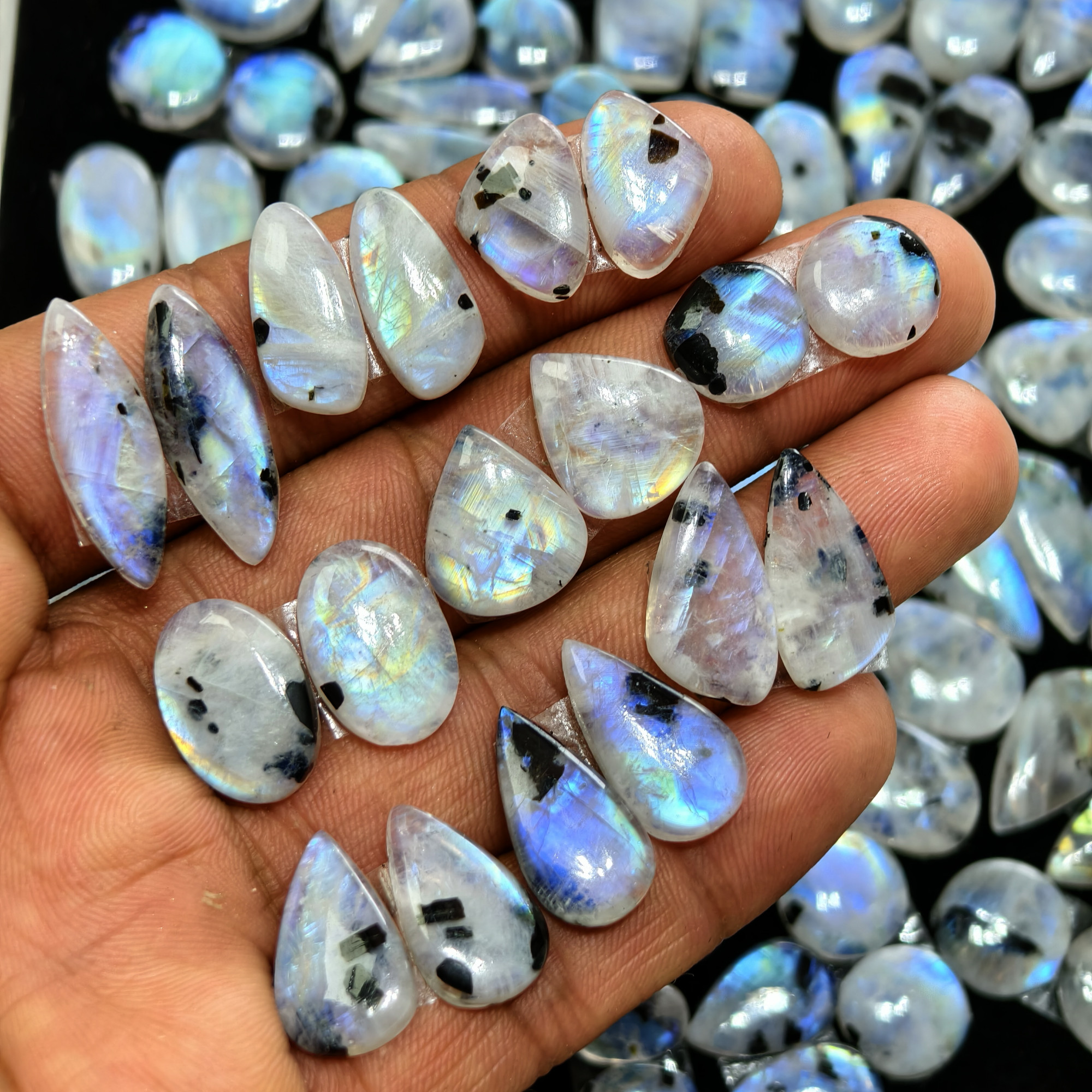 Rainbow Moonstone Mixed Cut Cabochon Matching Pair 12Cts 13x8x3mm 20x12x3mm