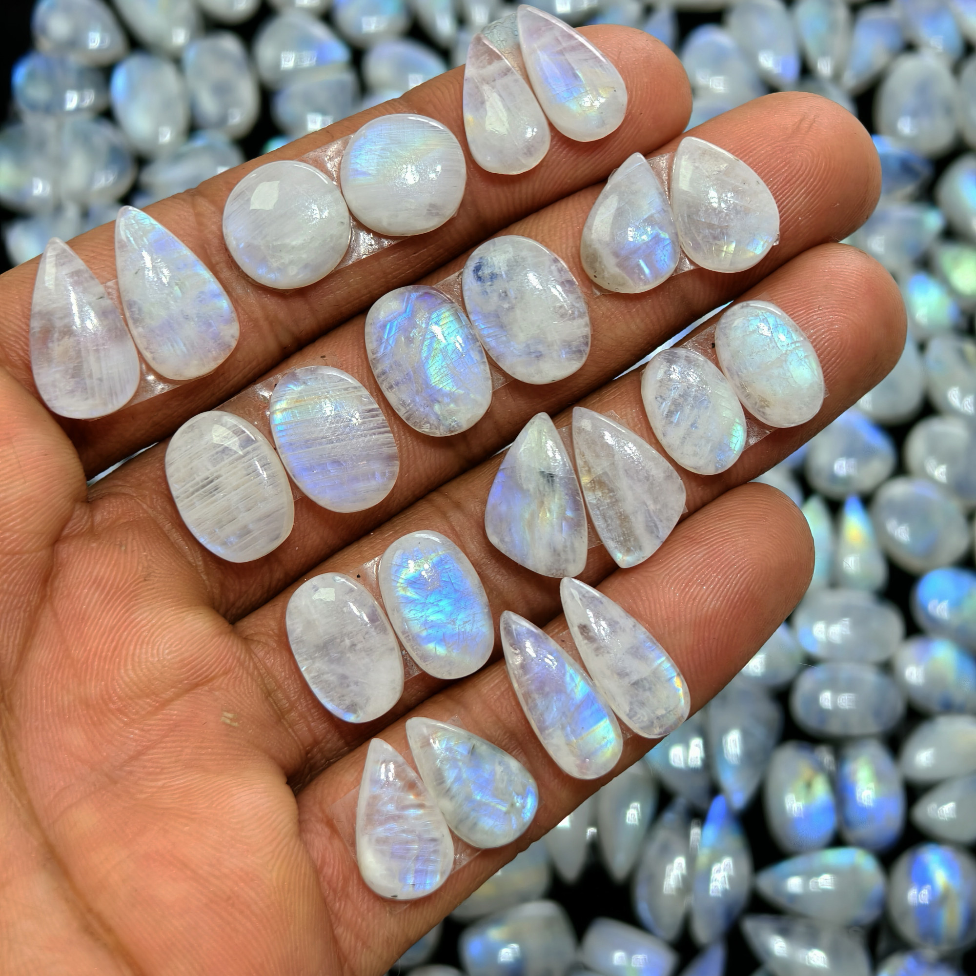 Rainbow Moonstone Earring Gemstone  Cabachons Pair 12x8x3mm 21x6x3  9ct Avg