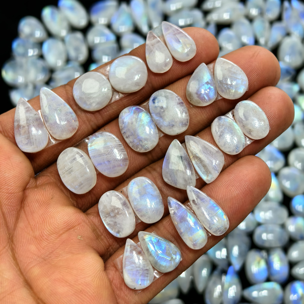 Image of Rainbow Moonstone Earring Gemstone  Cabachons Pair 12x8x3mm 21x6x3  9ct Avg