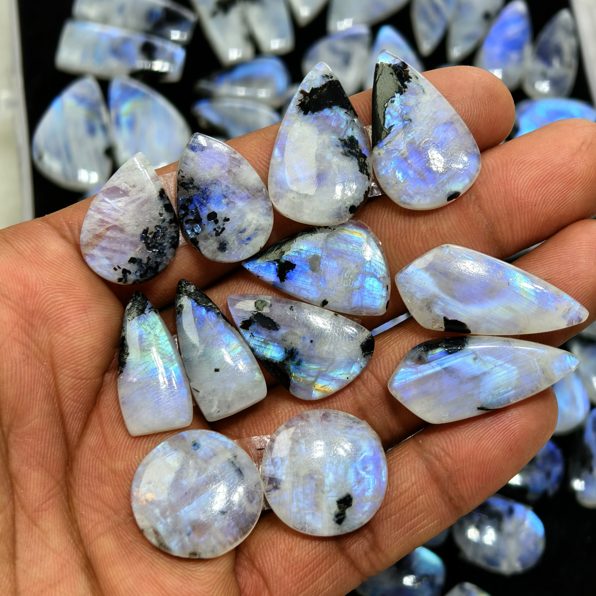 Rainbow Moonstone Matching Gemstones Mtaching  Earring pair 20x14x3mm 35x12x3mm 26ct