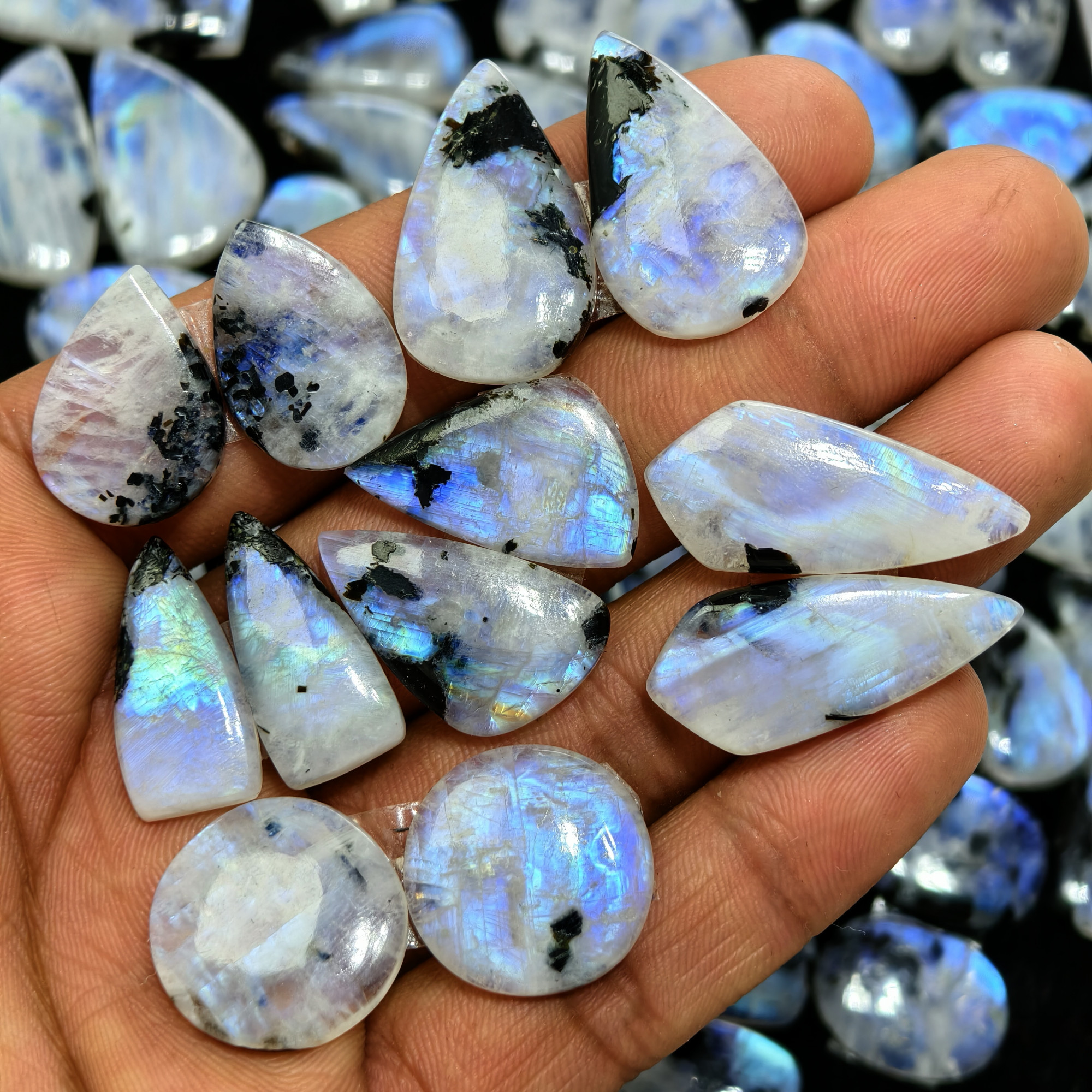Rainbow Moonstone Matching Gemstones Mtaching Earring pair 20x14x3mm 35x12x3mm 26ct