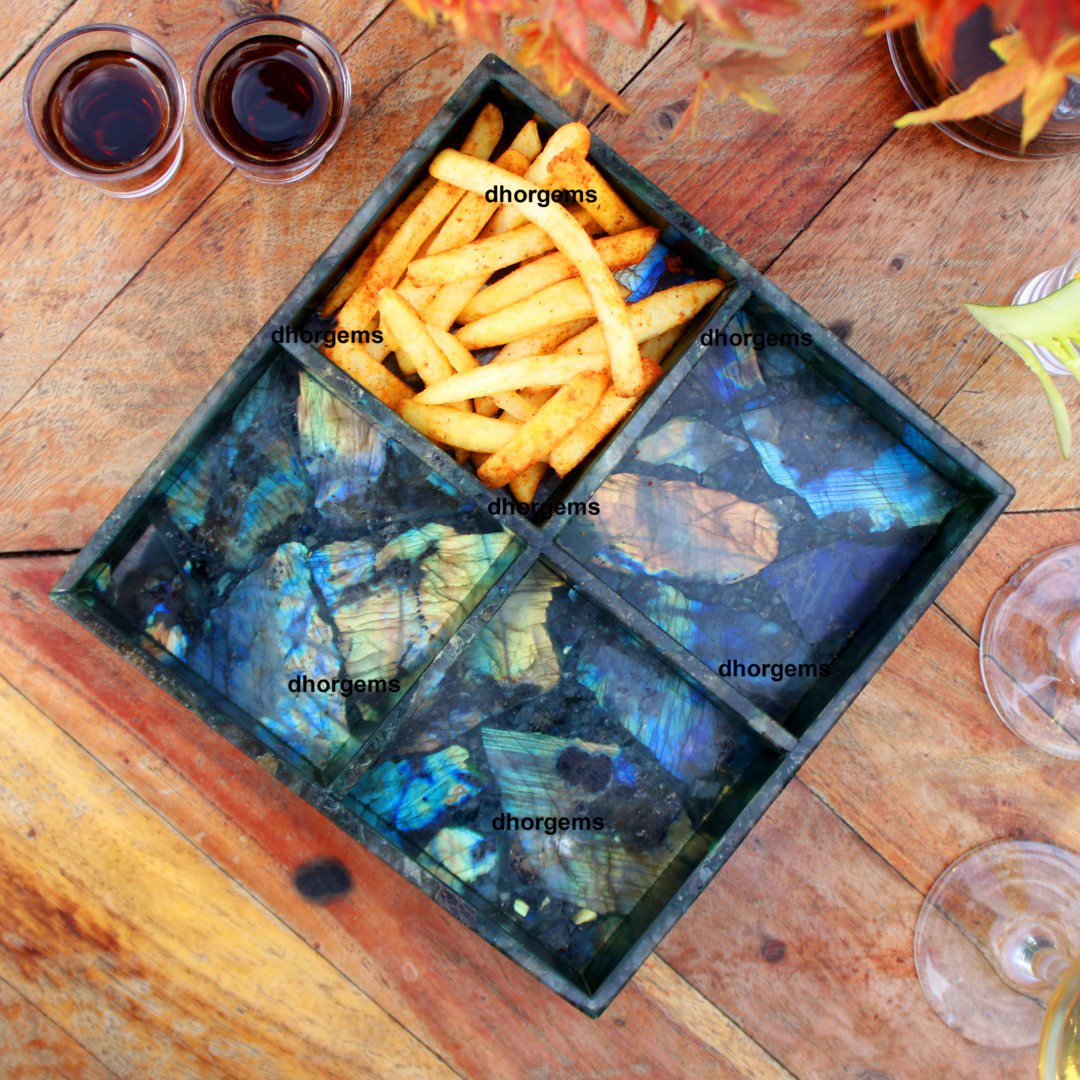 Natural Labradorite 8x8Serving Tray Four Box Labradorite tray Four Partition labradorite tray