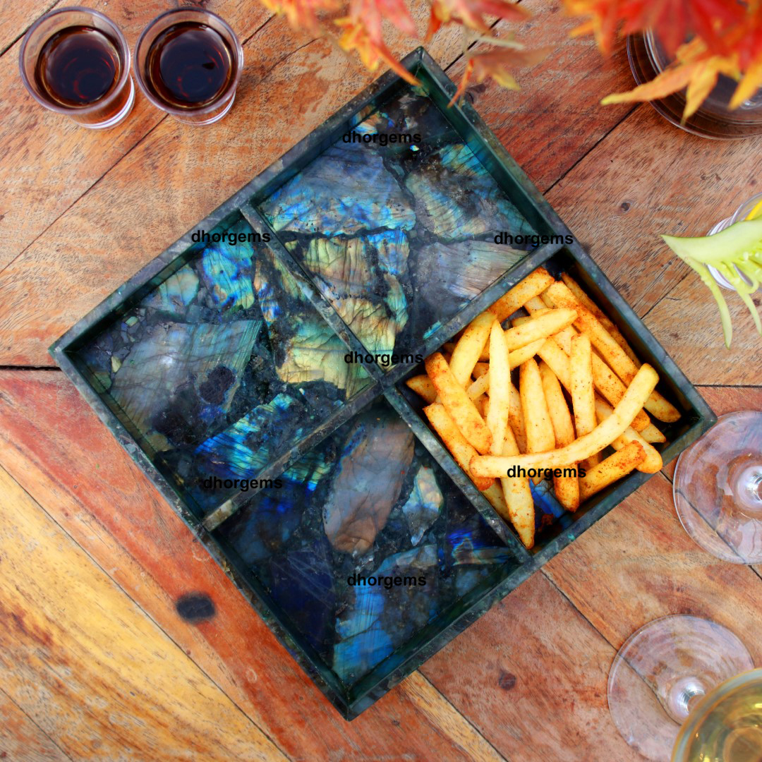 Natural Labradorite 8x8Serving Tray Four Box Labradorite tray Four Partition labradorite tray