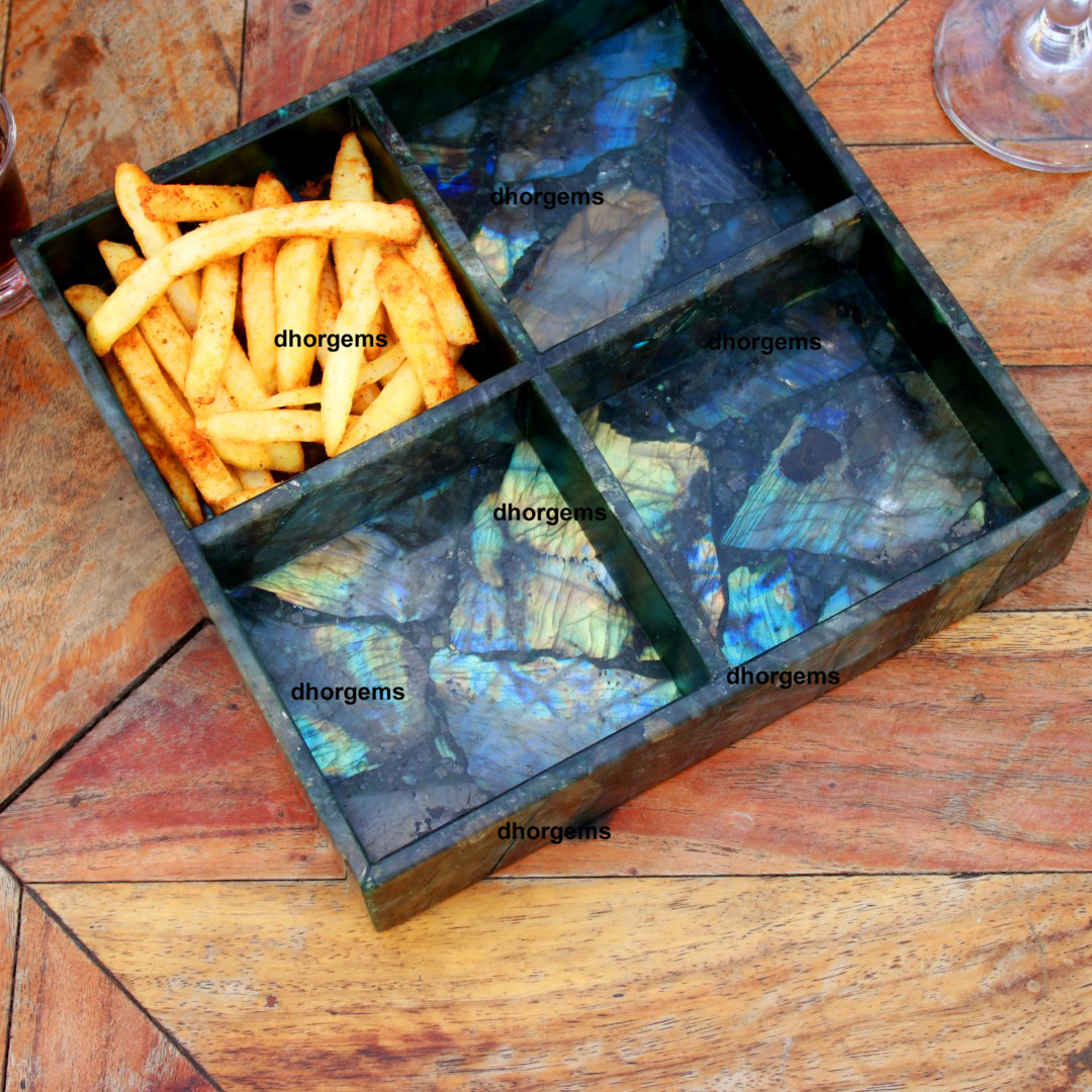 Natural Labradorite 8x8Serving Tray Four Box Labradorite tray Four Partition labradorite tray
