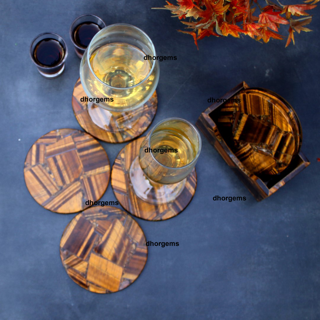 natural Tiger Eye Round coaster set of 6pcs with 1 holder gemstone 4inch coasters for drink