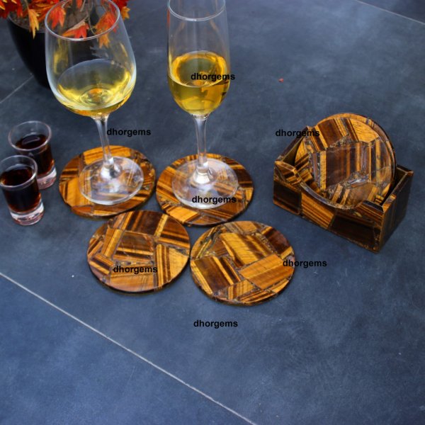 natural Tiger Eye Round coaster set of 6pc with 1 holder gemstone 4inch coasters for drink