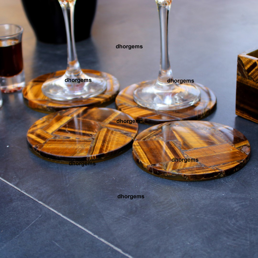 natural Tiger Eye Round coaster set of 6pcs with 1 holder gemstone 4inch coasters for drink
