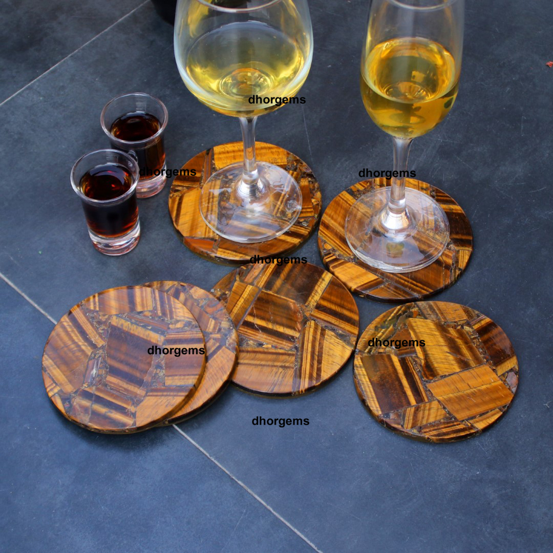 natural Tiger Eye Round coaster set of 6pc with 1 holder gemstone 4inch coasters for drink