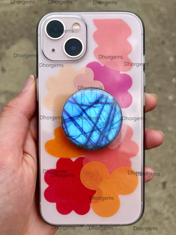 Natural Labradorite Phone Grips Cellphone Stand Semi-Precious Stone Phone Holder Multi Flash Phone Accessory 40mm Diameter