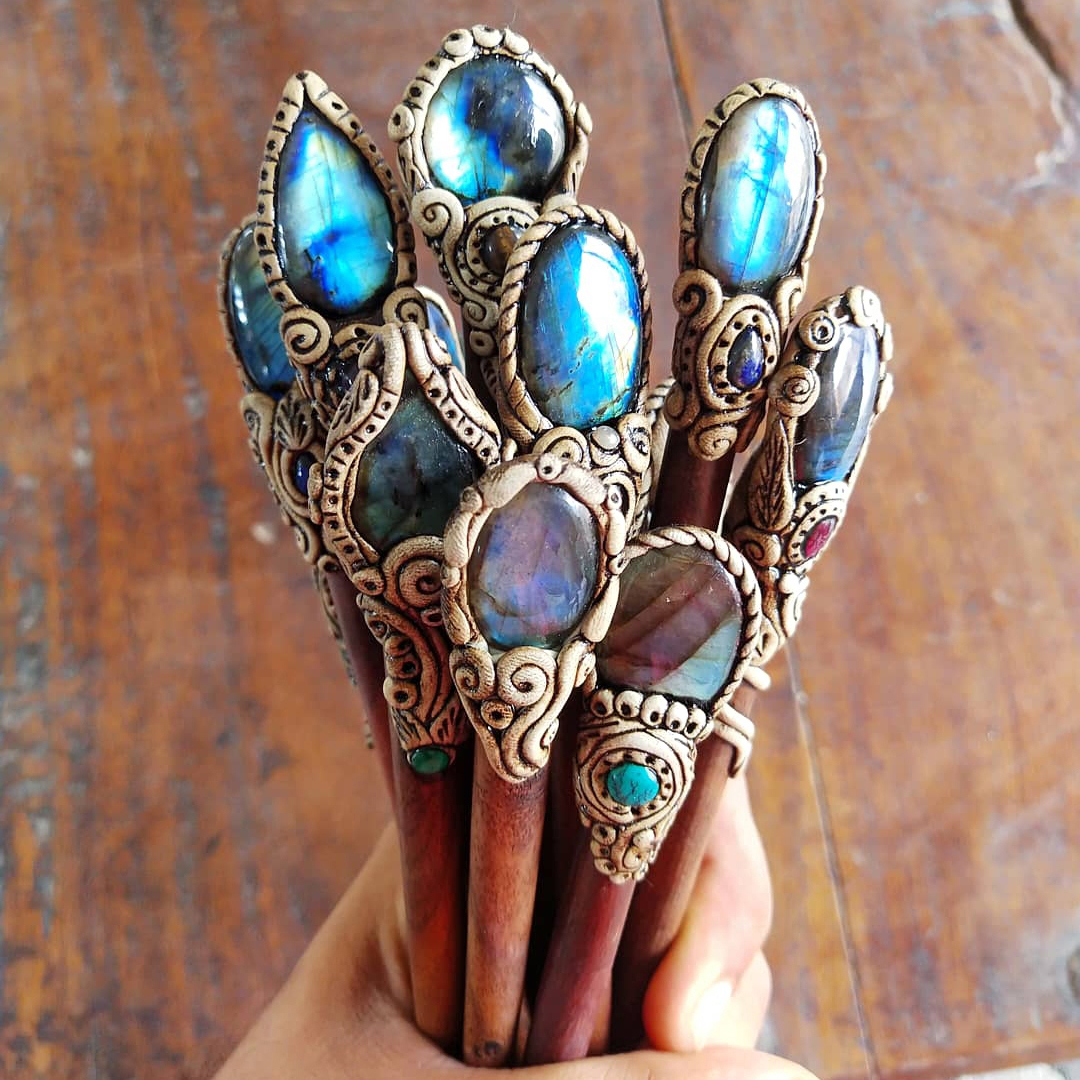 2Pcs crystal labradorite hair stick wooden women hair acessories crystal healing gift gemstone hairpin crystal barrette polymer clay