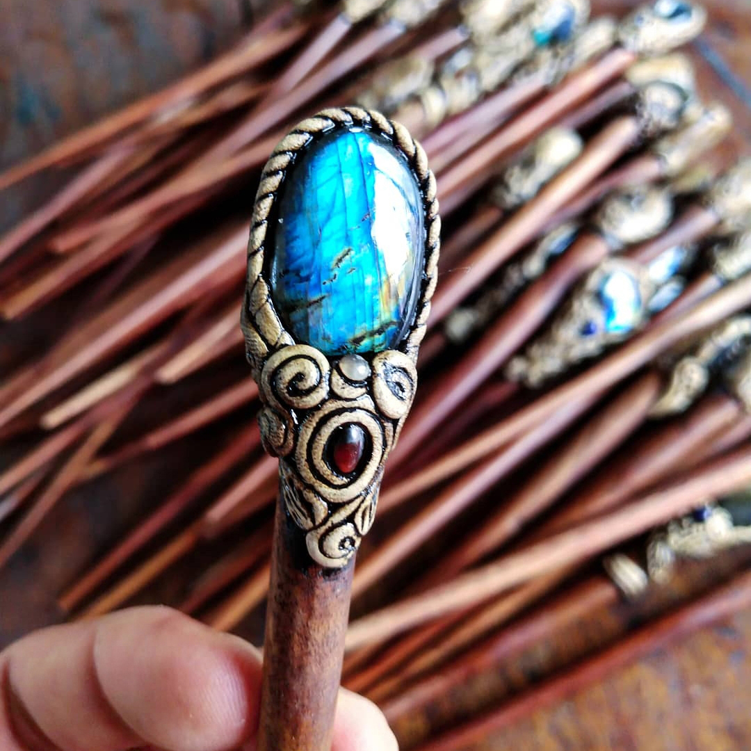 2Pcs crystal labradorite hair stick wooden women hair acessories crystal healing gift gemstone hairpin crystal barrette polymer clay